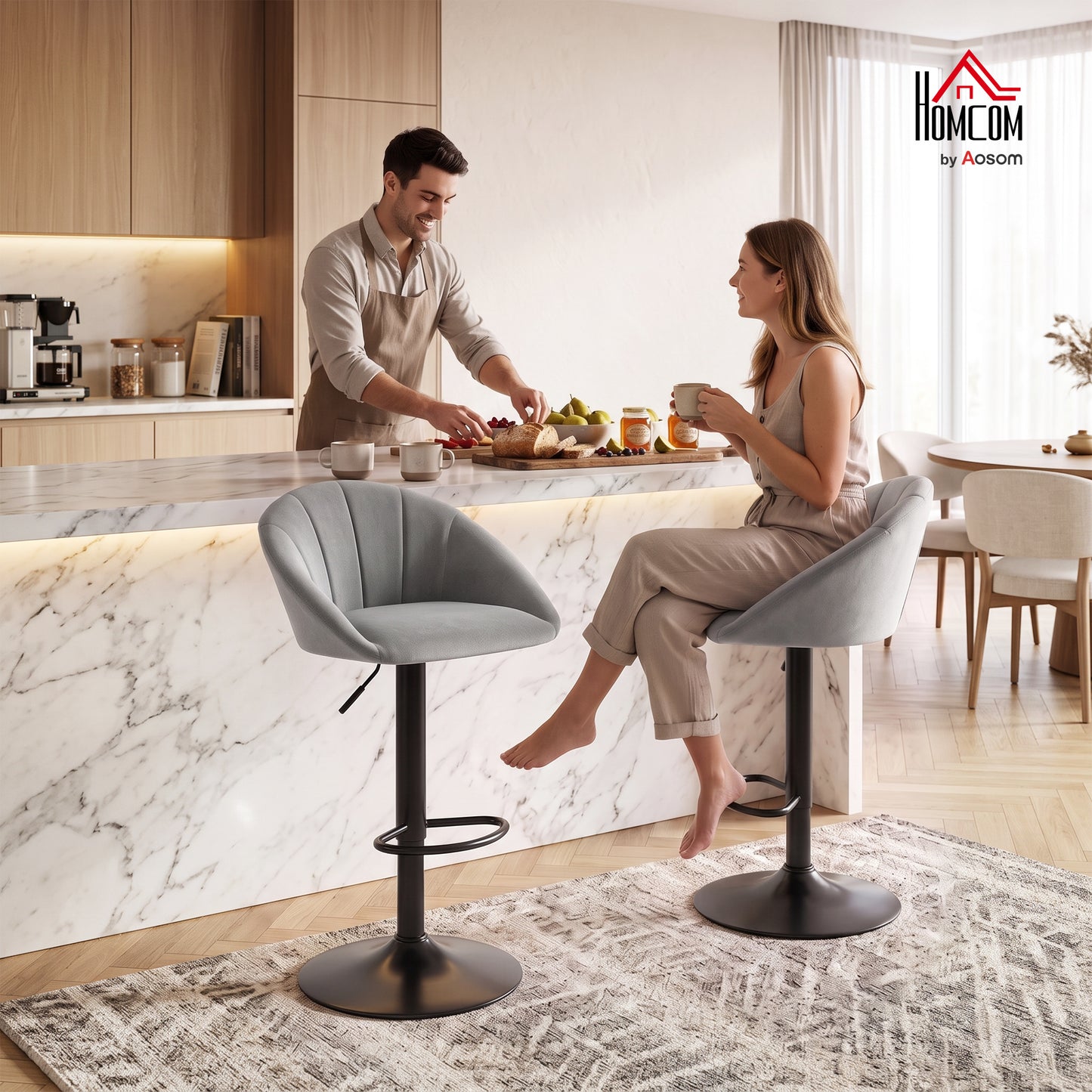 Bar Stools Set of 2 Velvet Adjustable Swivel Light Grey