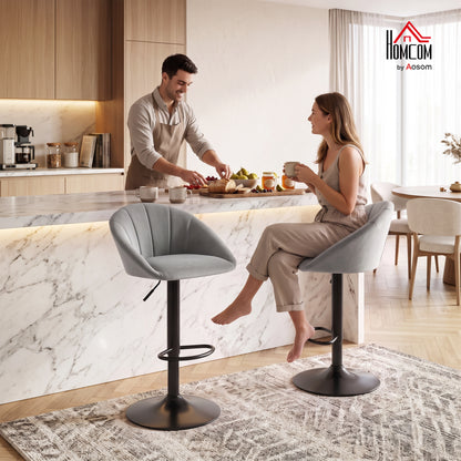 Bar Stools Set of 2 Velvet Adjustable Swivel Light Grey