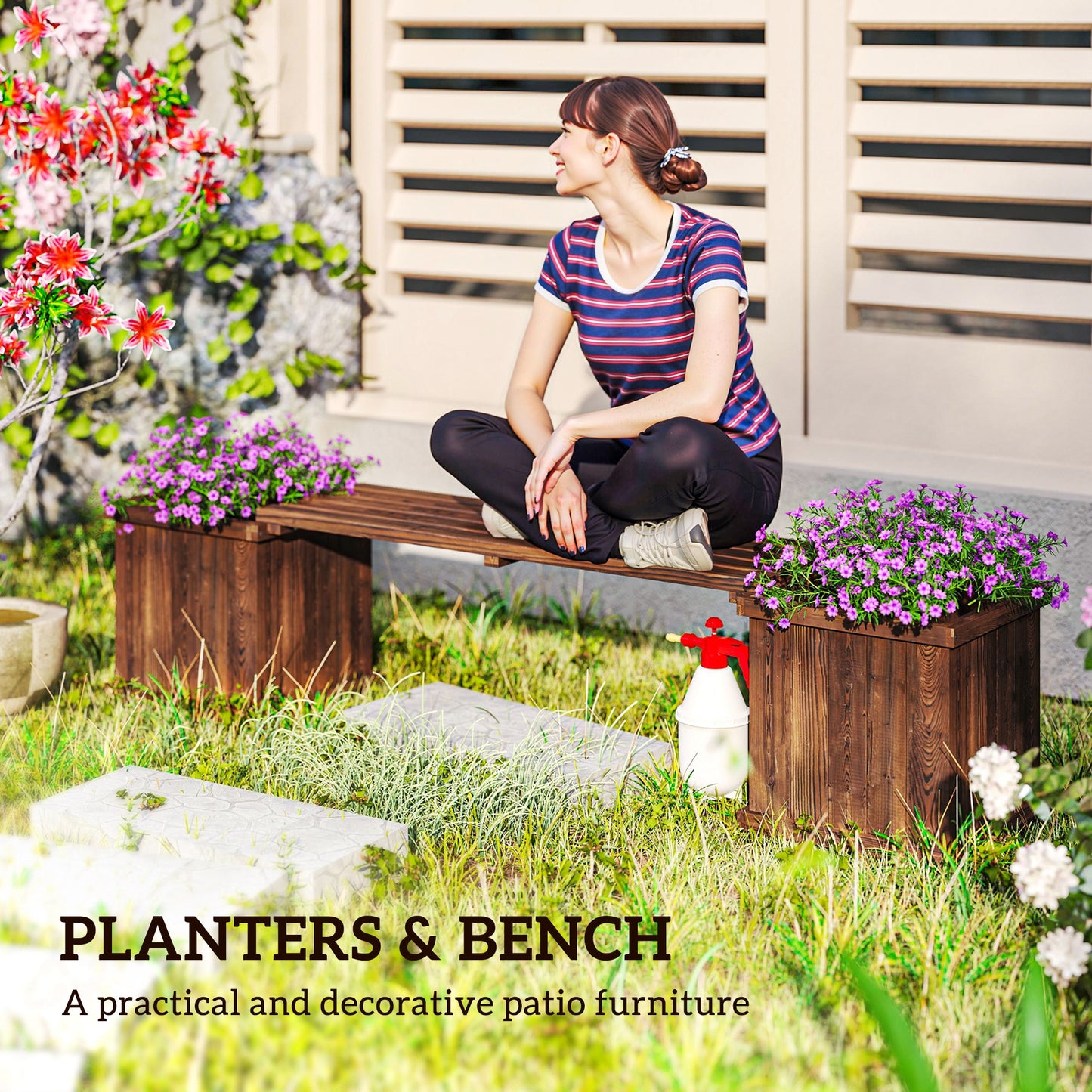 Wooden Garden Planter & Bench Combination Garden Raised Bed