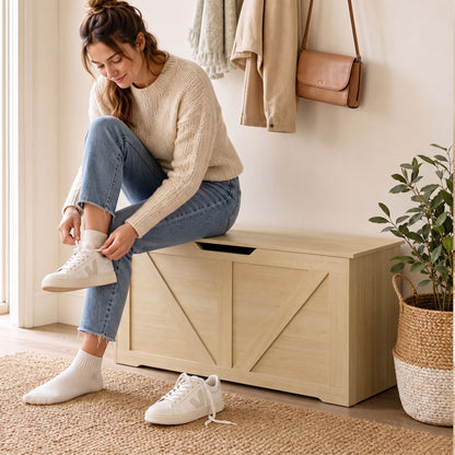 Storage Trunk for Living Room, with Safety Hinges, 100cm, Nature Wood