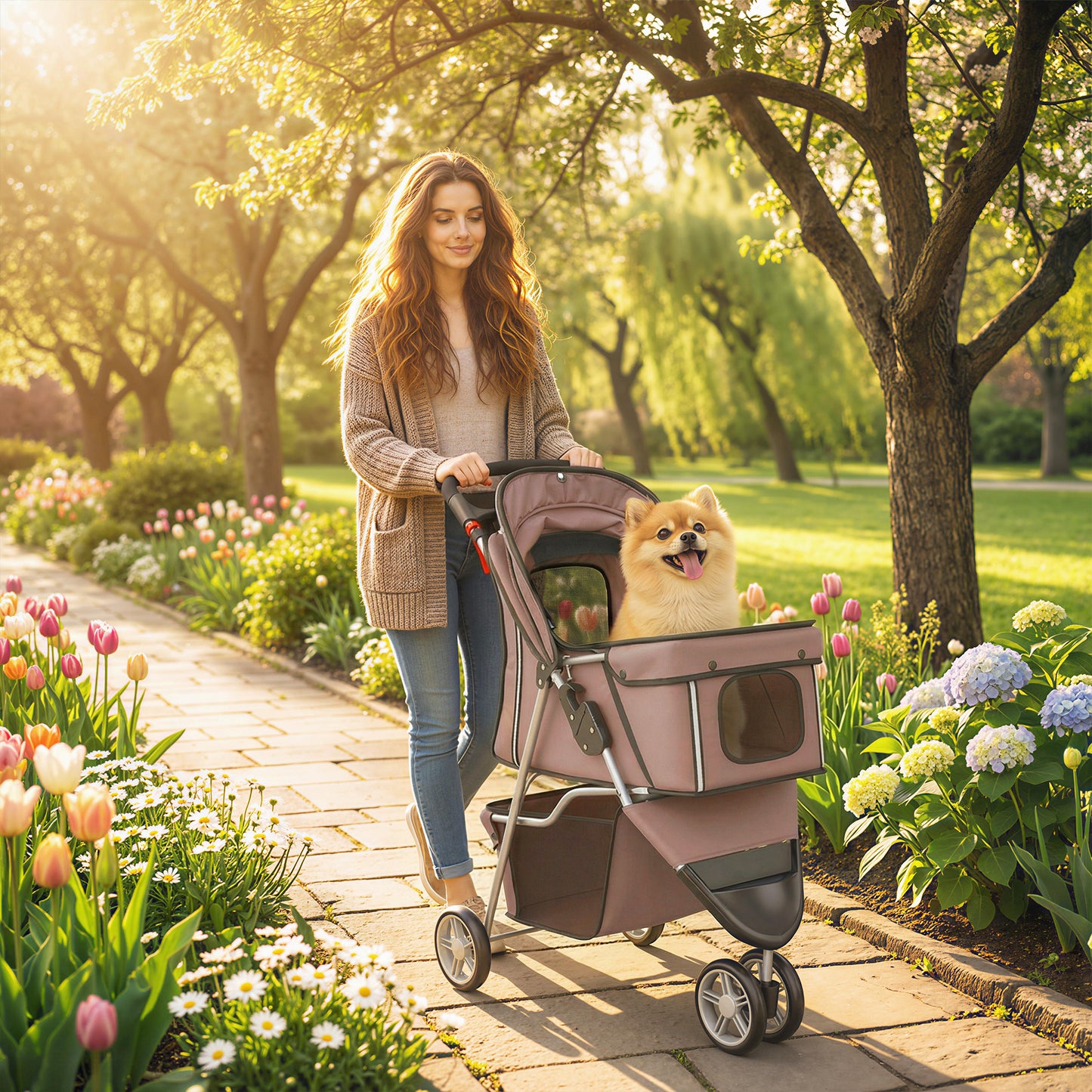 Dog Stroller, 3 Wheels Foldable Pet Stroller with Adjustable Canopy, Storage Basket, Cup Holder, Cat Dog Pram with Breathable Mesh for Small Miniature Breeds, Coffee