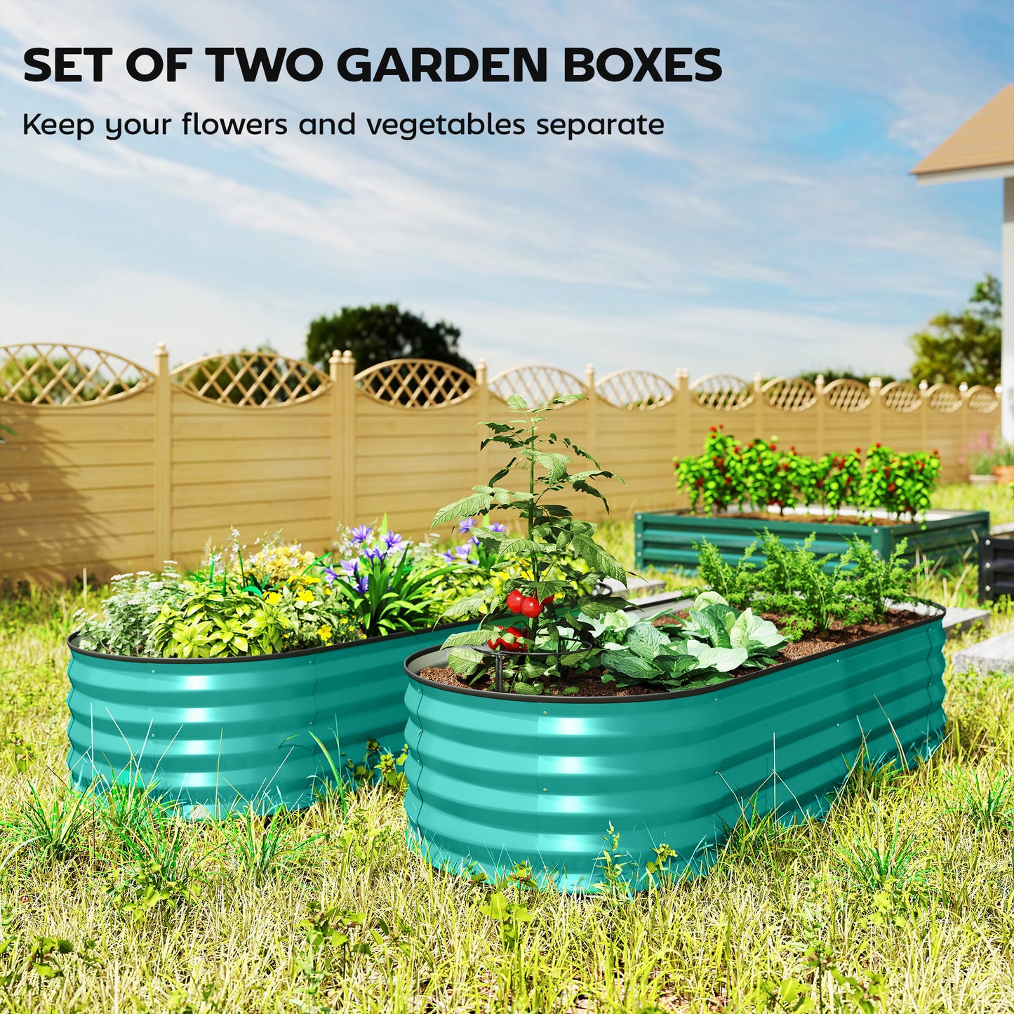Set of 2 Raised Beds for Garden with Metal Plant Stakes, Green