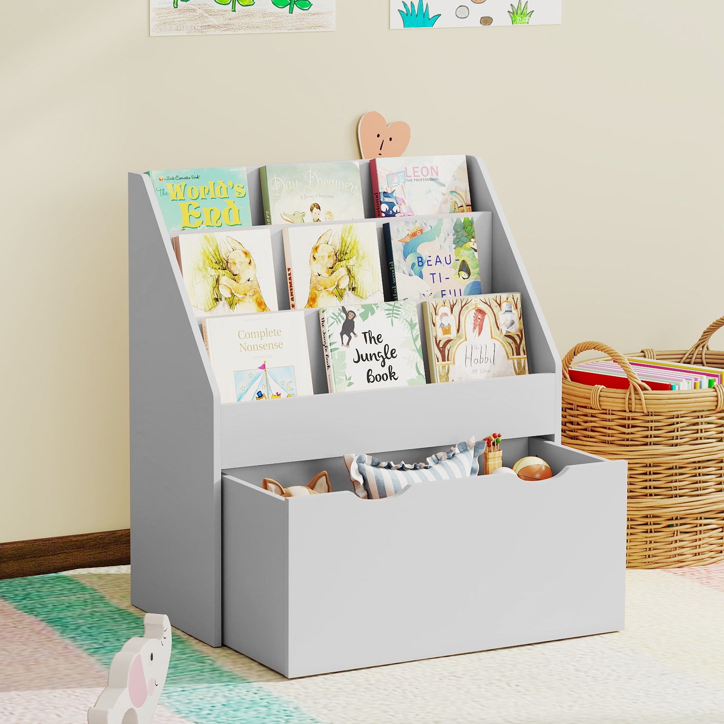 Kids Bookcase w/ 3 Tier Shelves, Drawer, for Bedroom, Nursery, Grey