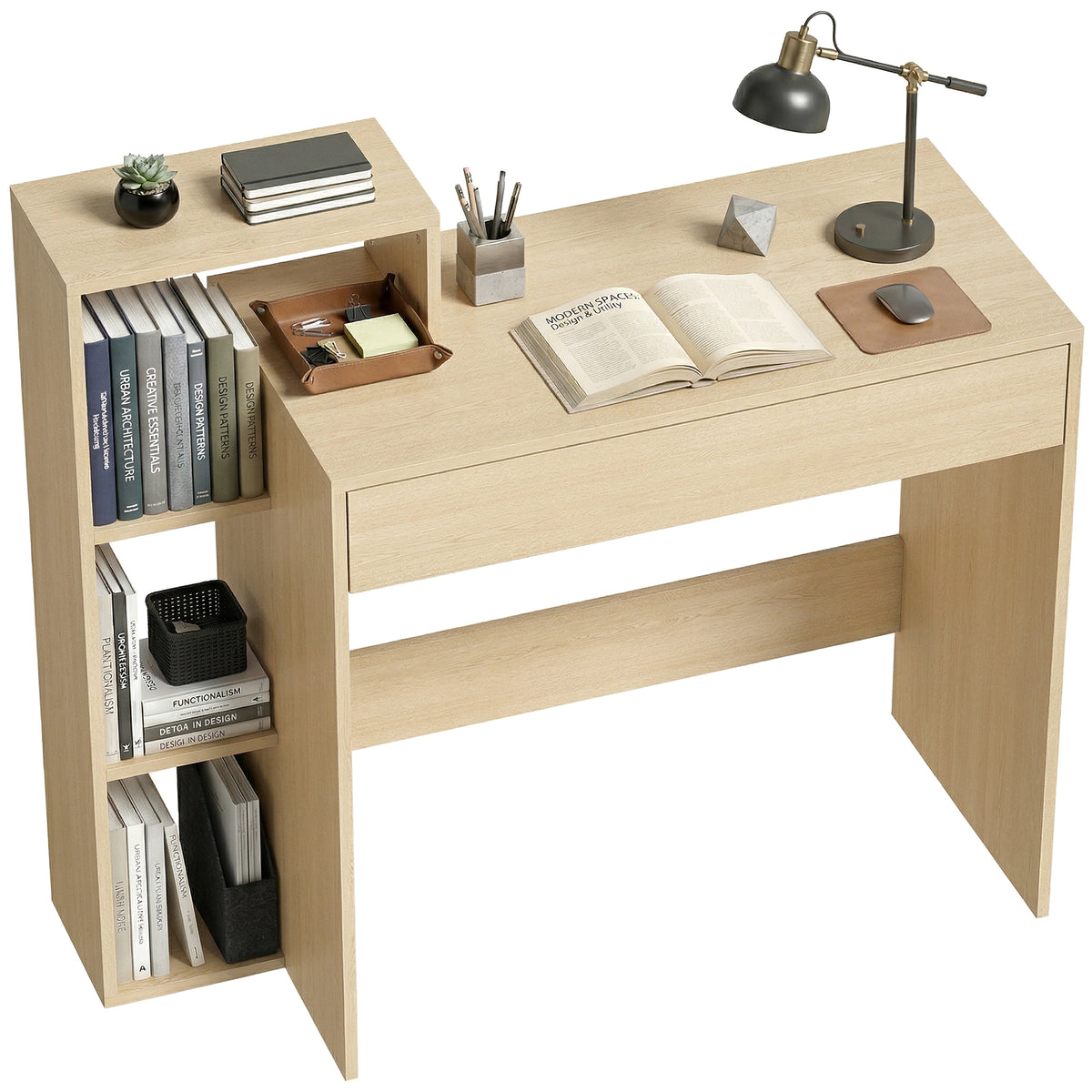 Computer Desk with 3 Open Shelves and Drawer - Natural