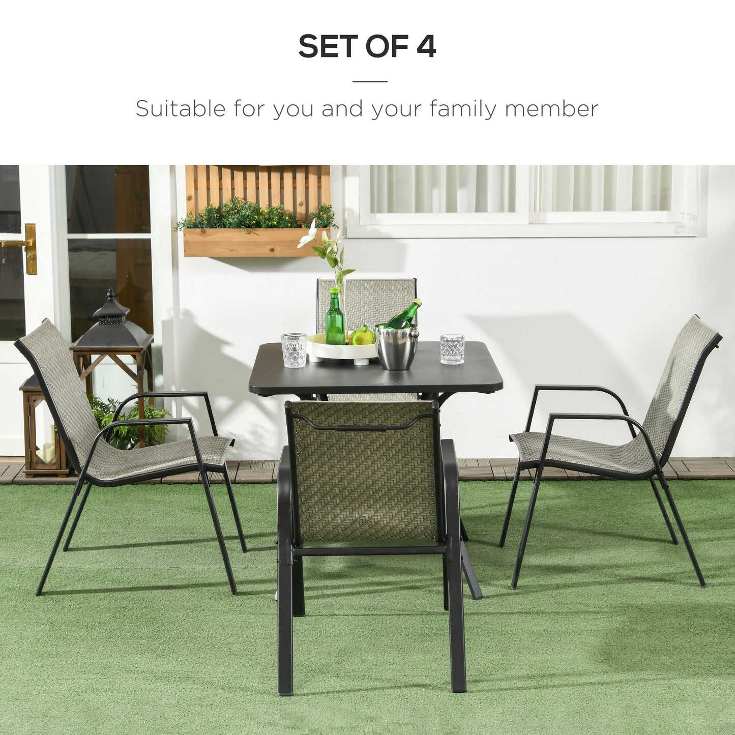 Stackable Outdoor Rattan Chairs Set of 4 with Armrests and Backrest, Mixed Grey