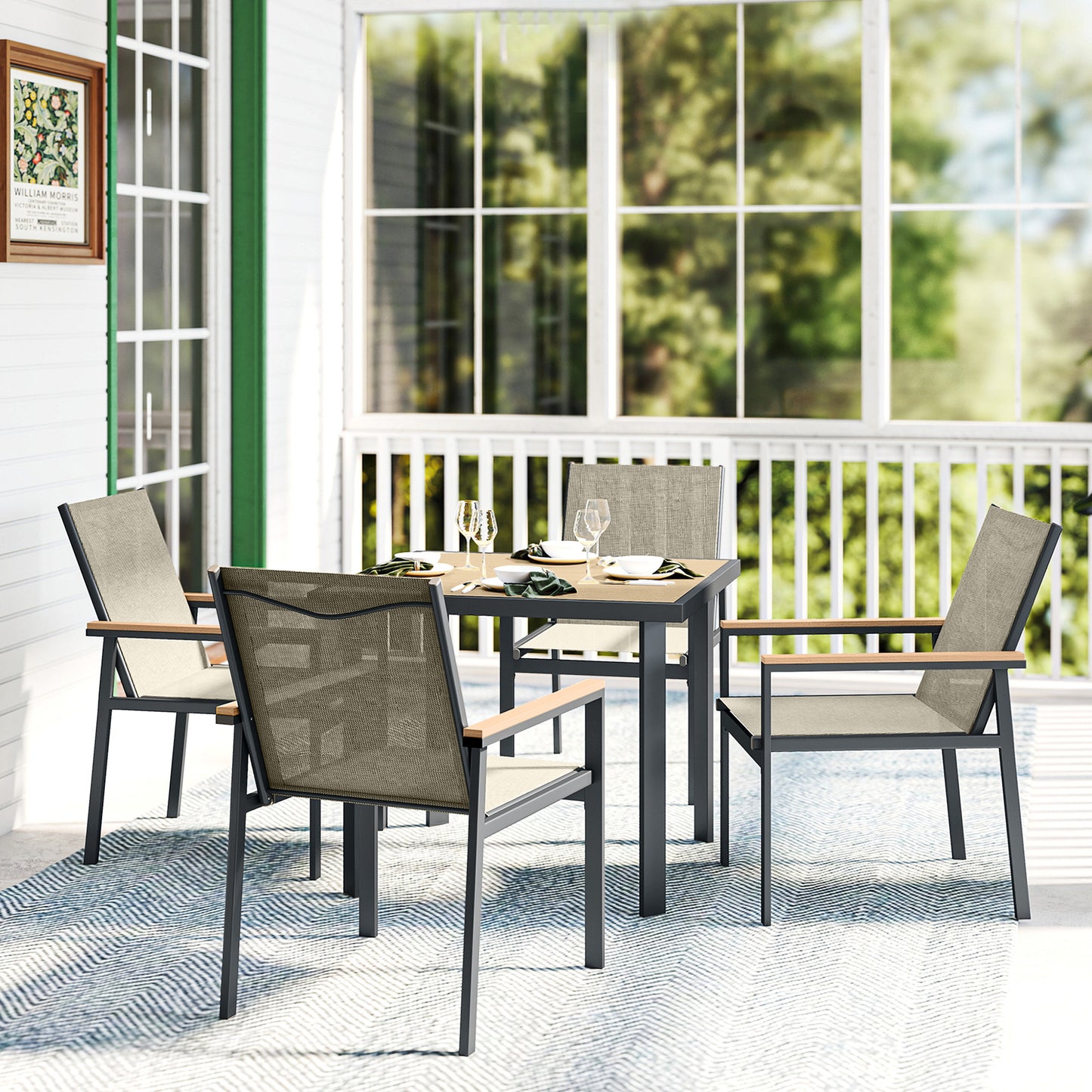 5 Piece Garden Dining Set, Outdoor Table and 4 Chairs, Khaki