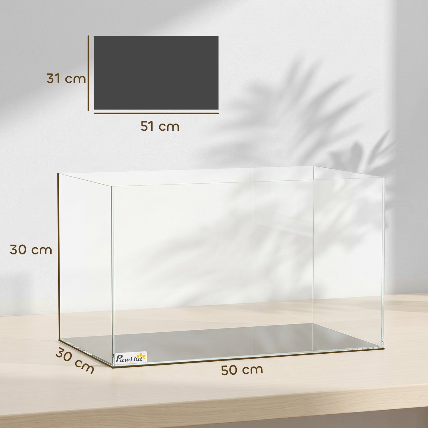 43L Fish Tank, Glass Aquarium, Small Fish Tank with Protective Base Mat, for Shrimps, Turtles, Transparent, 50 x 30 x 30 cm