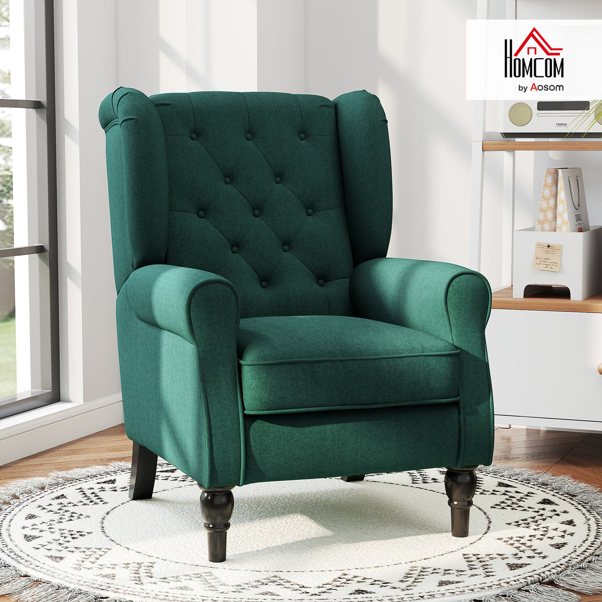 Accent Chair Wingback Armchair Tufted Club Wood Fabric, Dark Green