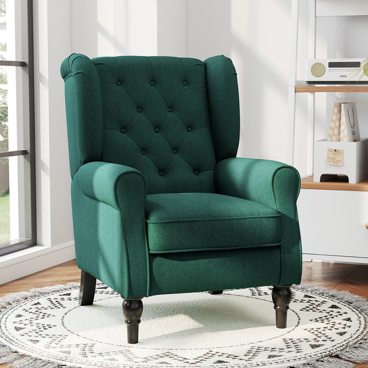 Accent Chair Wingback Armchair Tufted Club Wood Fabric, Dark Green