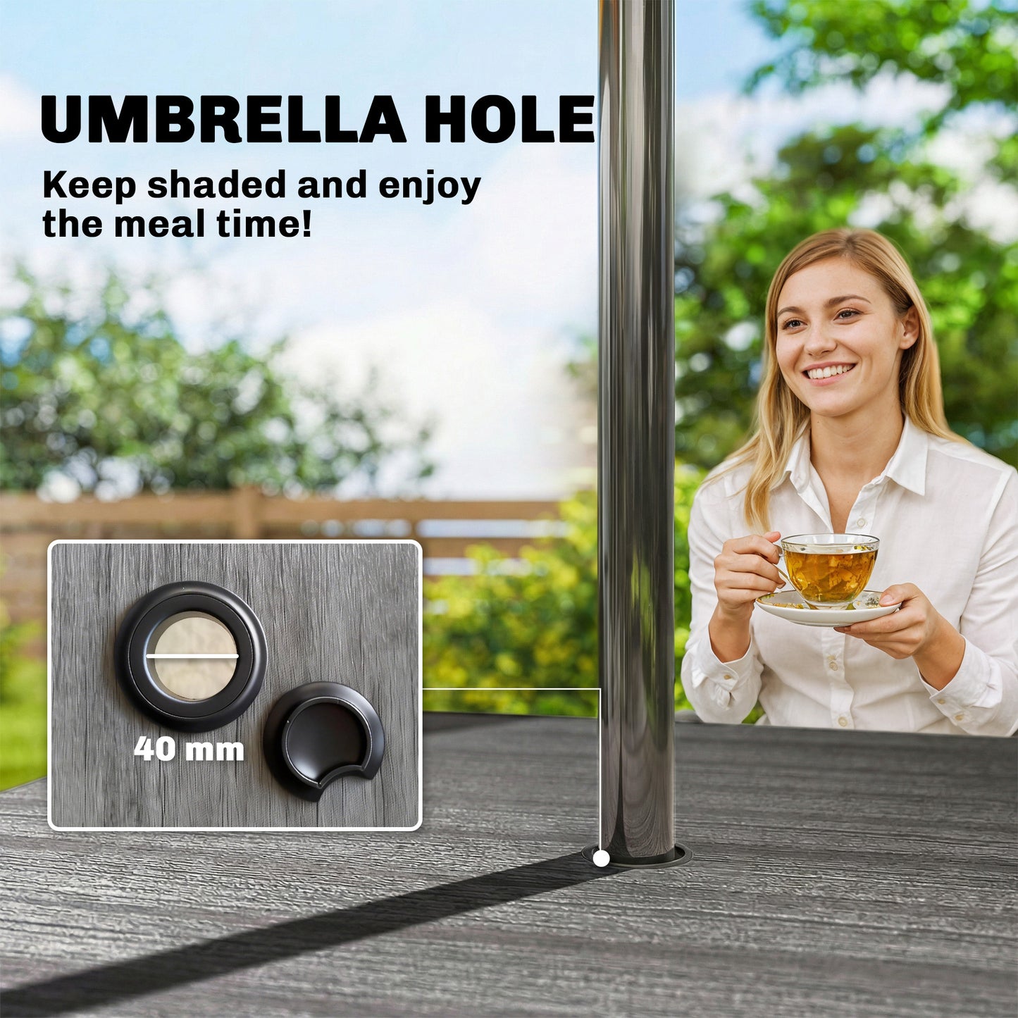Garden Dining Table, Outdoor Table with Umbrella Hole, Dark Grey