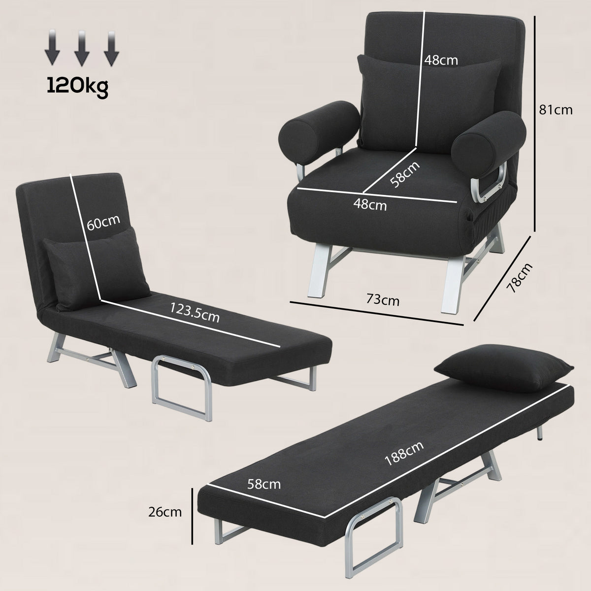 Single Sofa Bed, 3-in-1 Convertible Folding Chair Bed, Black