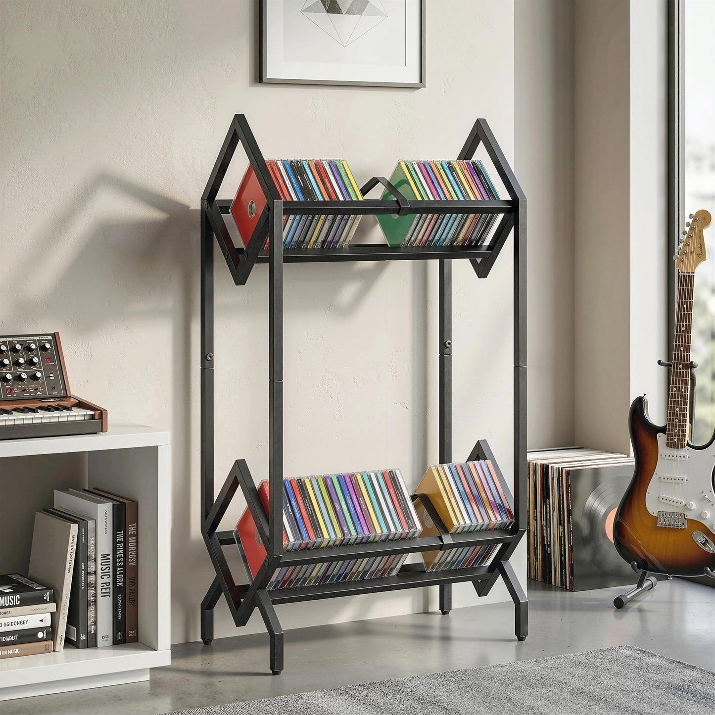 50 CD Storage Rack, 2-Tier Metal Display Rack for CDs, DVDs, Black