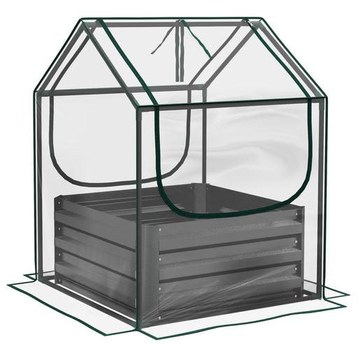 Metal Planter Box with Cover, Raised Garden Bed with Greenhouse, for Herbs and Vegetables, Clear and Grey