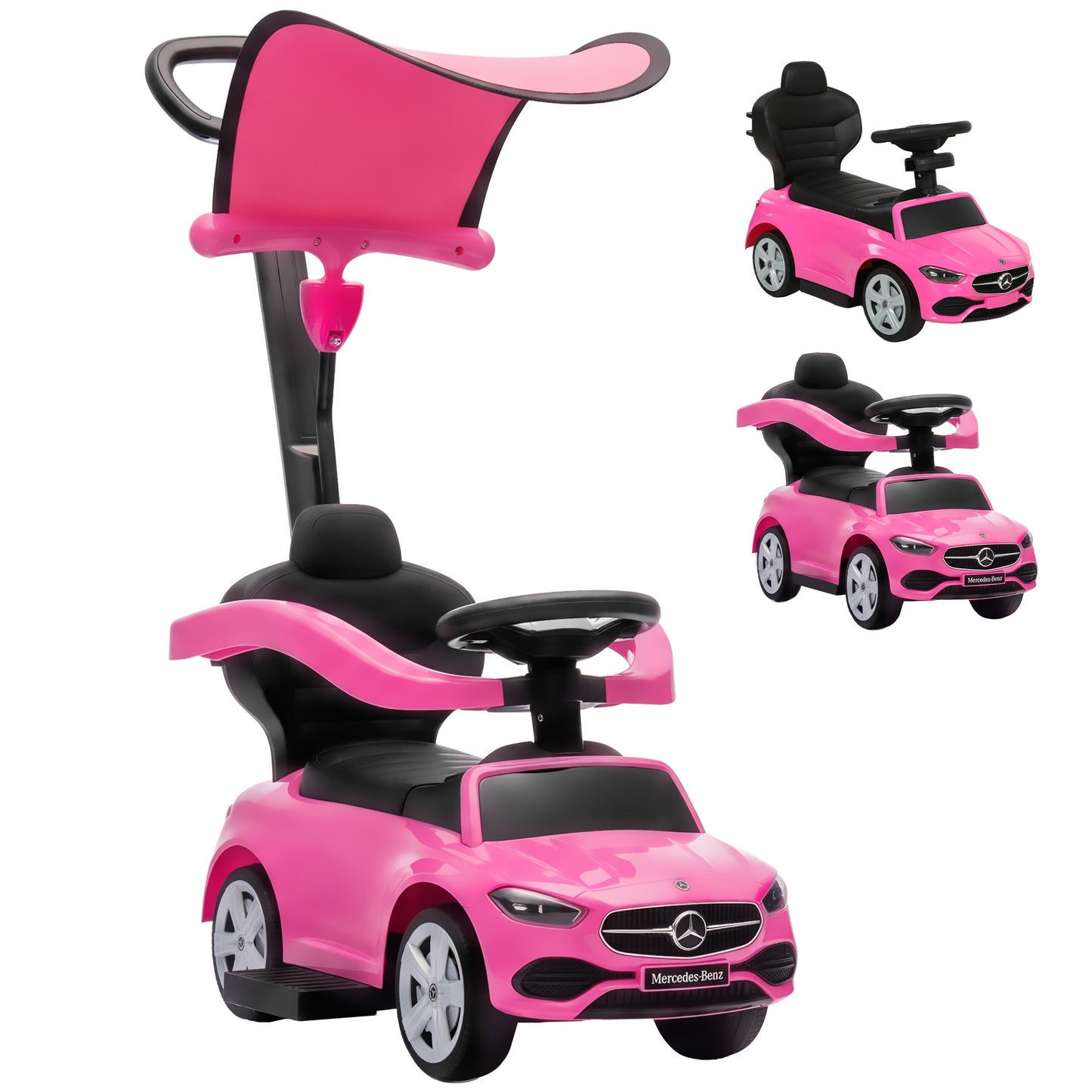 3 in 1 Licensed Mercedes-Benz Ride on Push Car with Canopy, Pink