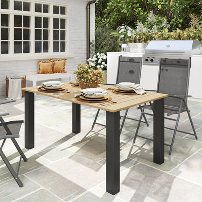 Garden Table with Parasol Hole, Slatted Metal Tabletop, Brown