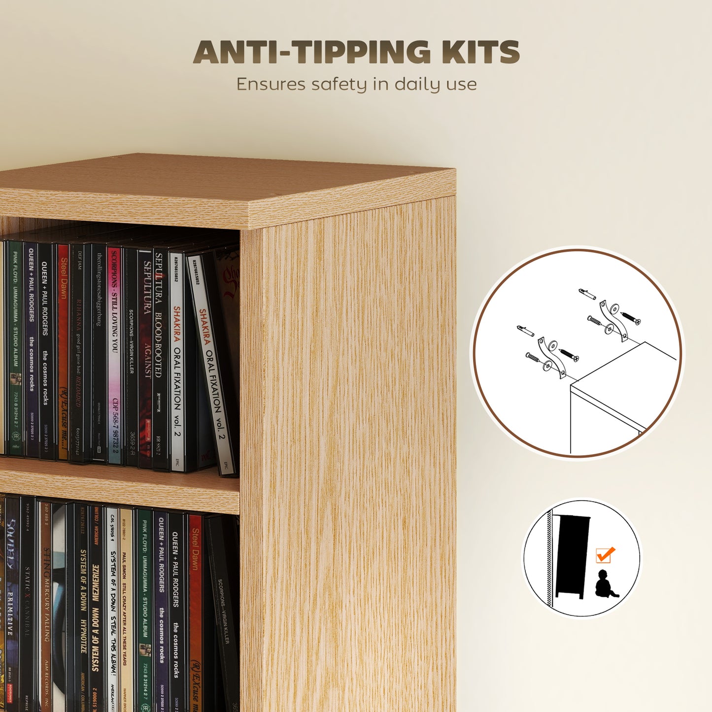 Set of 2 CD Storage Units DVD Shelf with Adjustable Shelves, Natural