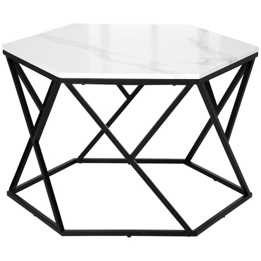 Coffee Table with High Gloss Marble Tabletop, Modern Cocktail Table with Steel Frame for Living Room, White