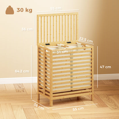 Bamboo Laundry Basket with Lid, 2 Baskets, Foldable, Natural
