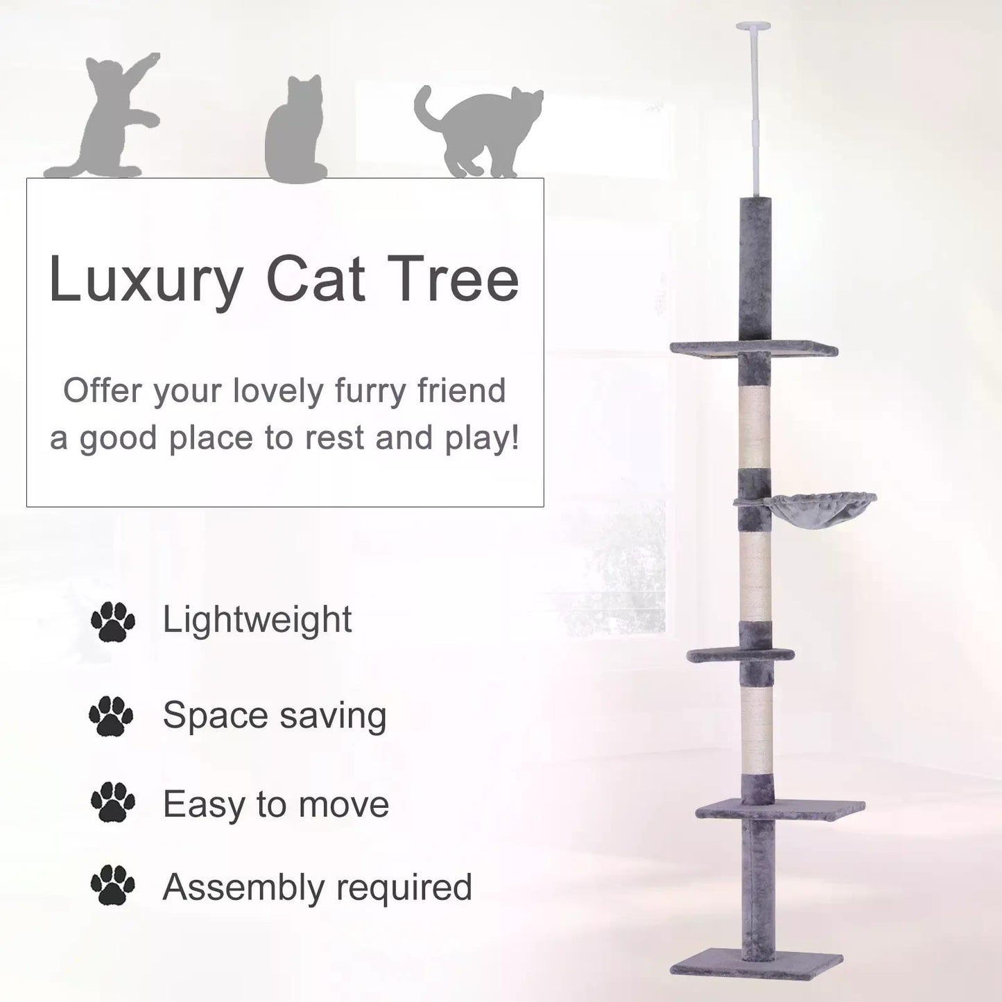 Floor to Ceiling Cat Tree for Indoor Cats 5-Tier Kitty Tower Climbing Activity Center Scratching Post Adjustable Height 230-260 cm Grey