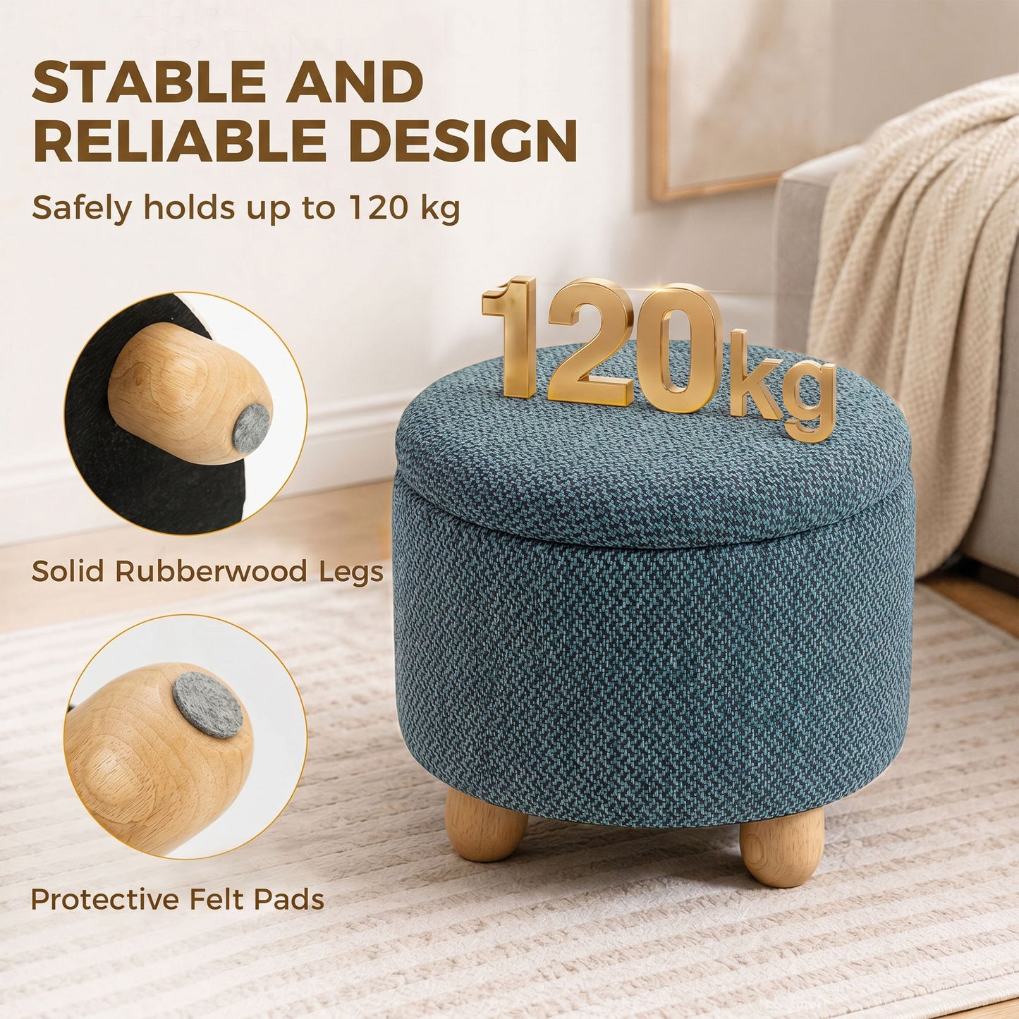Round Storage Ottoman with Reversible Lid, Dark Blue