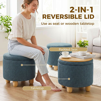 Round Storage Ottoman with Reversible Lid, Dark Blue