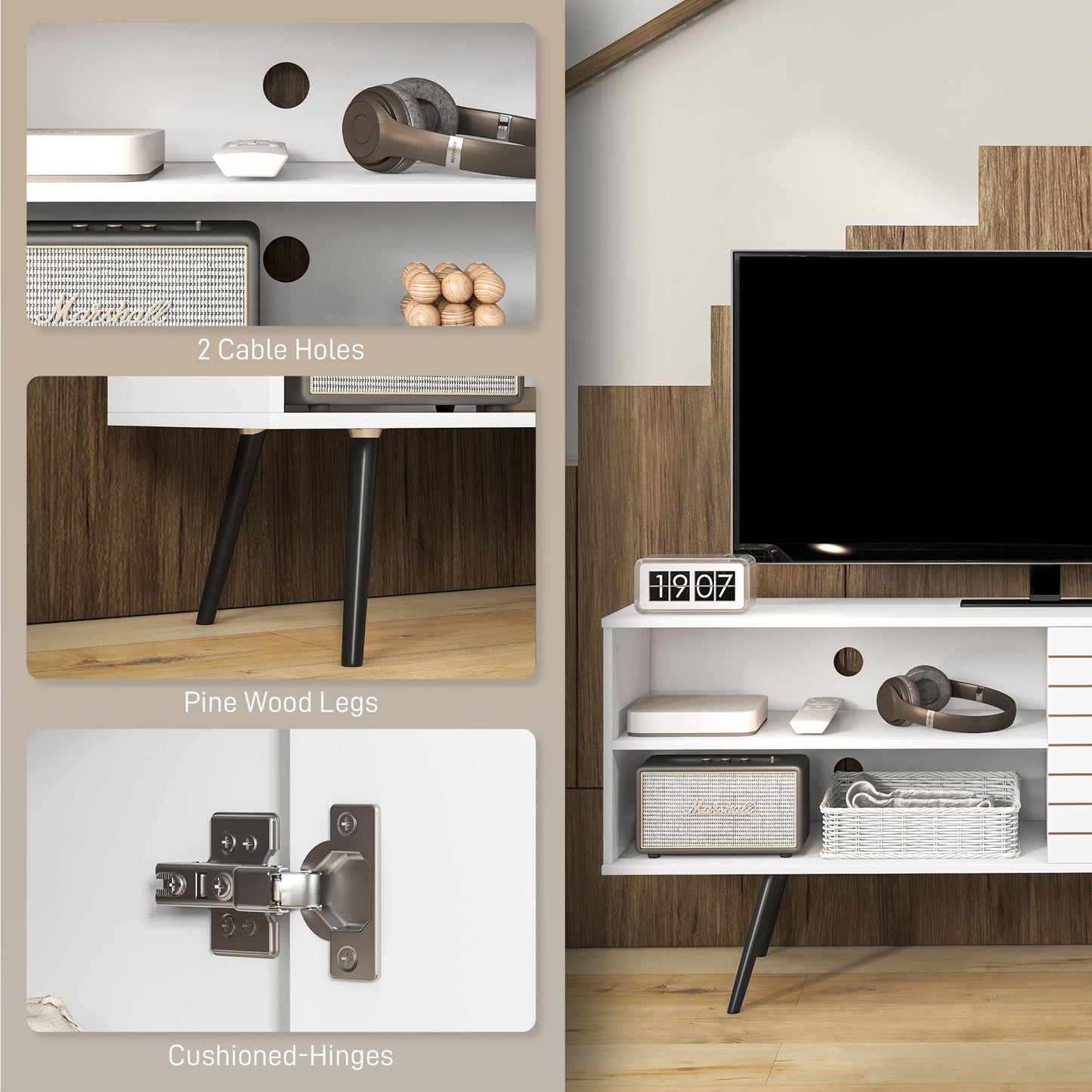TV Unit for 65" TVs with 2 Open Shelves, Door and 2 Cable Holes, White
