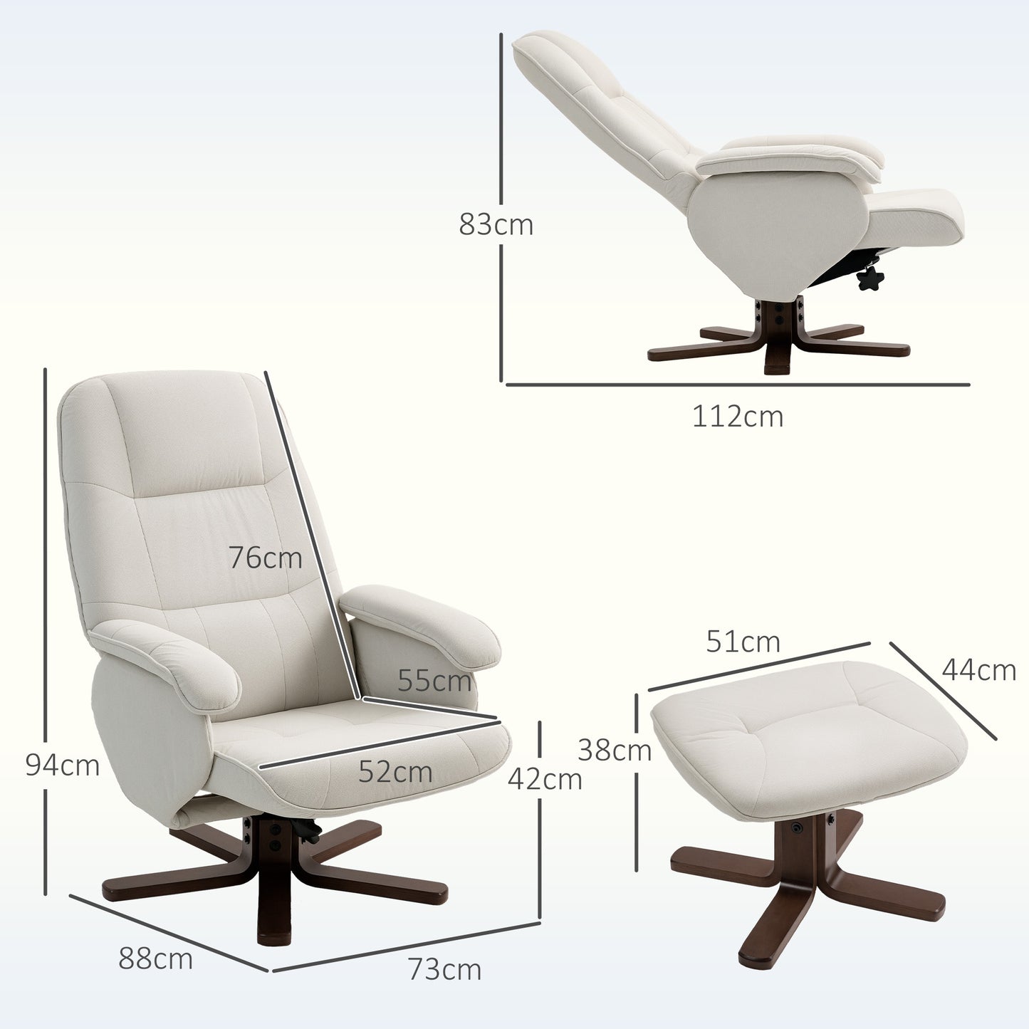 Swivel Recliner Chair with Footstool and Wooden Base, Beige