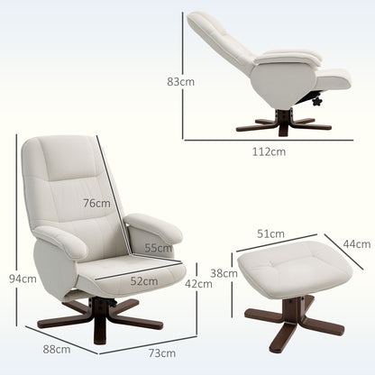 Swivel Recliner Chair with Footstool and Wooden Base, Beige