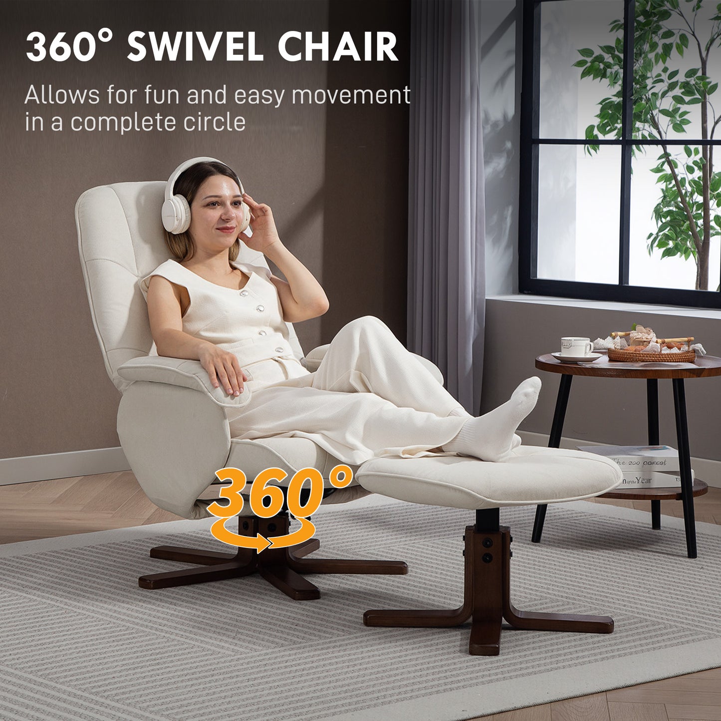 Swivel Recliner Chair with Footstool and Wooden Base, Beige