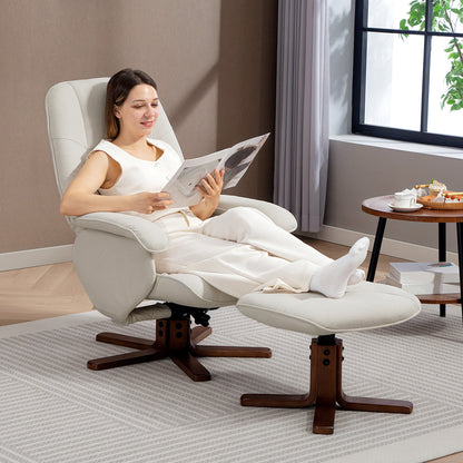 Swivel Recliner Chair with Footstool and Wooden Base, Beige