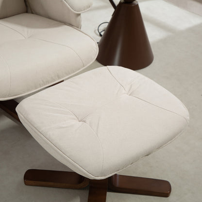 Swivel Recliner Chair with Footstool and Wooden Base, Beige