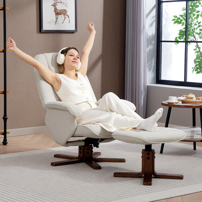 Swivel Recliner Chair with Footstool and Wooden Base, Beige
