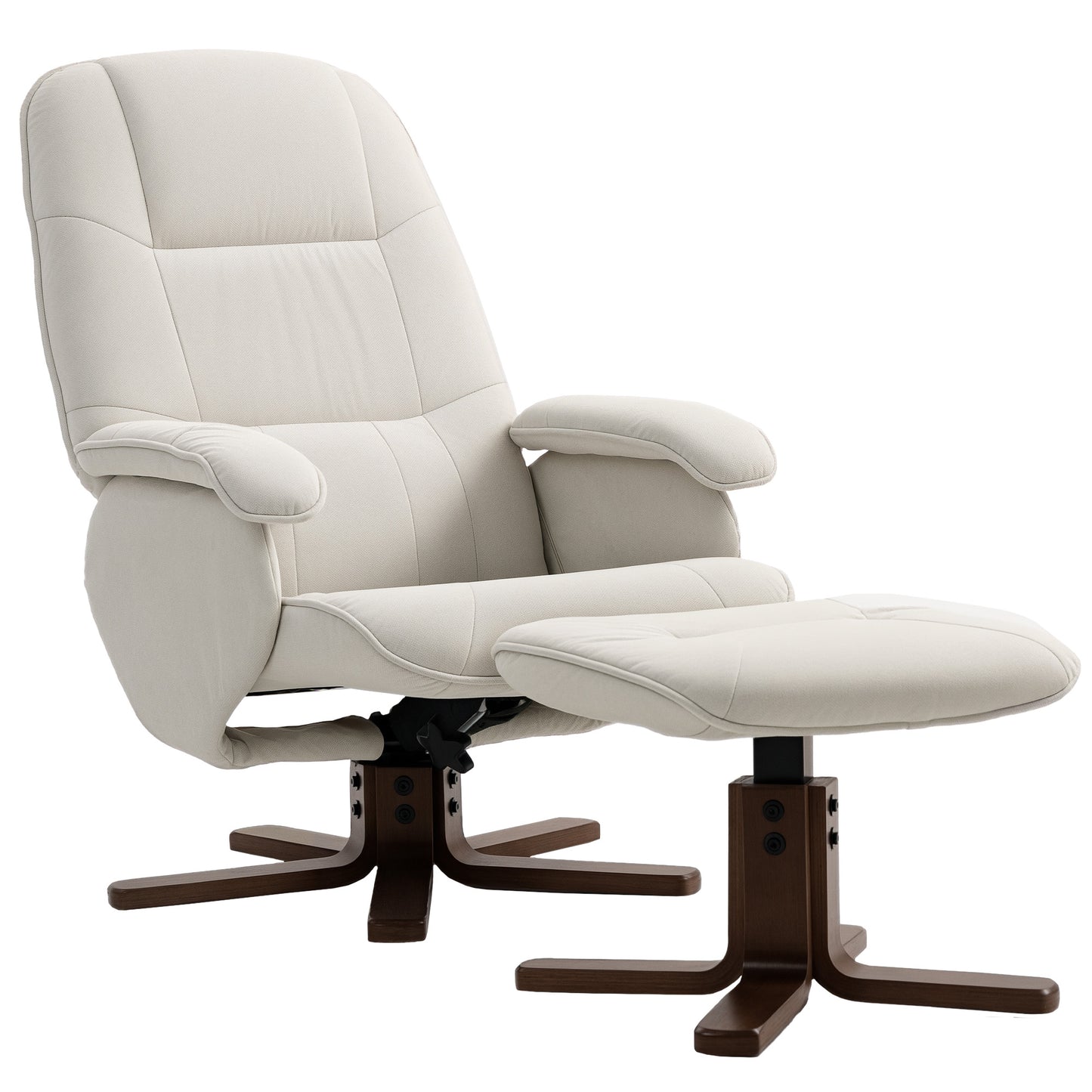 Swivel Recliner Chair with Footstool and Wooden Base, Beige