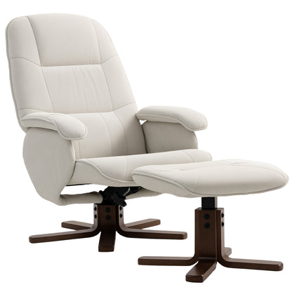 Swivel Recliner Chair with Footstool and Wooden Base, Beige