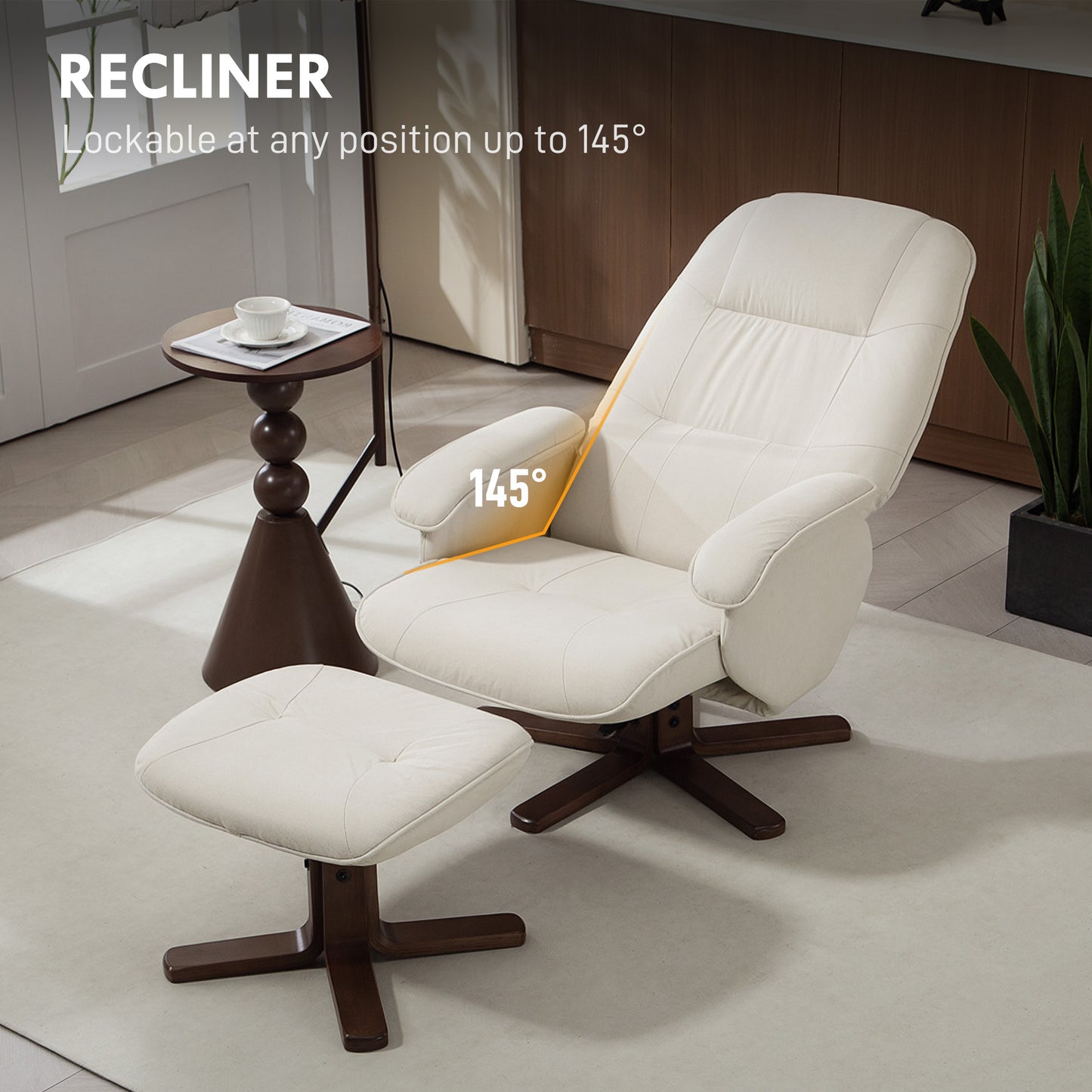 Swivel Recliner Chair with Footstool and Wooden Base, Beige