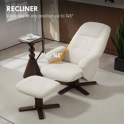 Swivel Recliner Chair with Footstool and Wooden Base, Beige