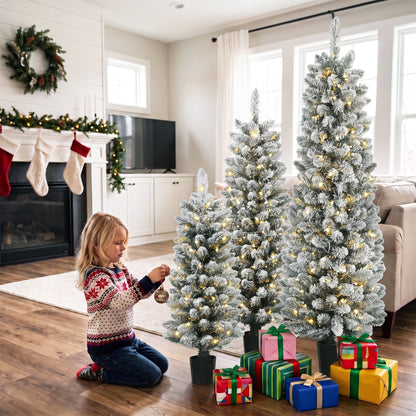 Prelit Snowy Flocked Artificial Christmas Tree Set of 3, 3FT/4FT/5FT