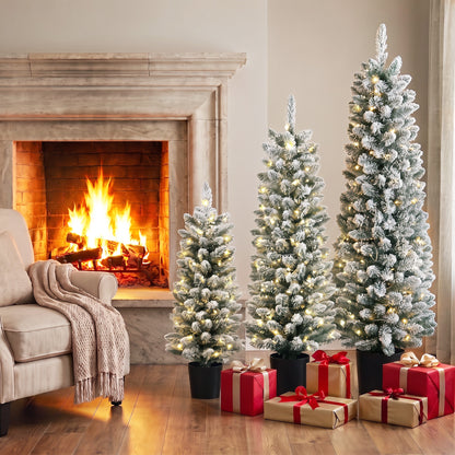 Prelit Snowy Flocked Artificial Christmas Tree Set of 3, 3FT/4FT/5FT