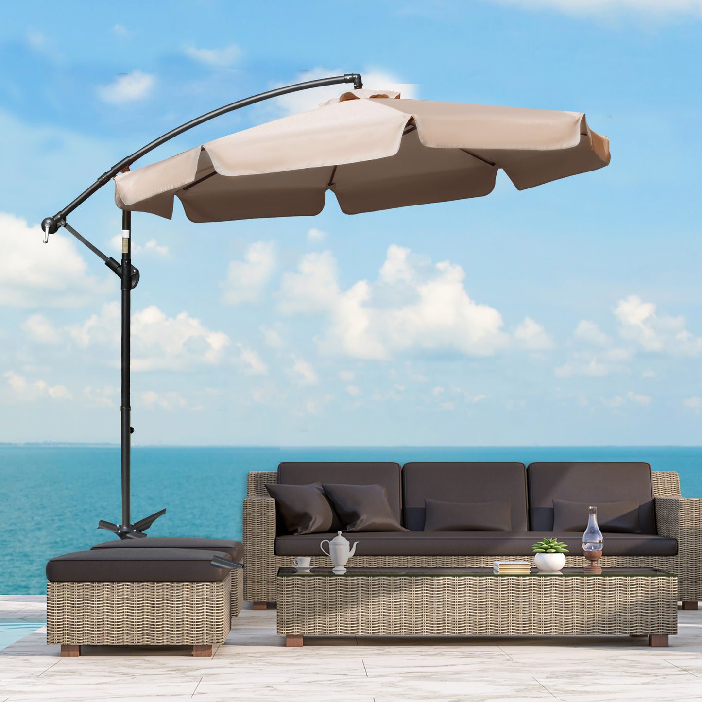 2.7m Cantilever Parasol Banana Sun Umbrella with Crank Handle and Cross Base for Outdoor Hanging Sun Shade Brown