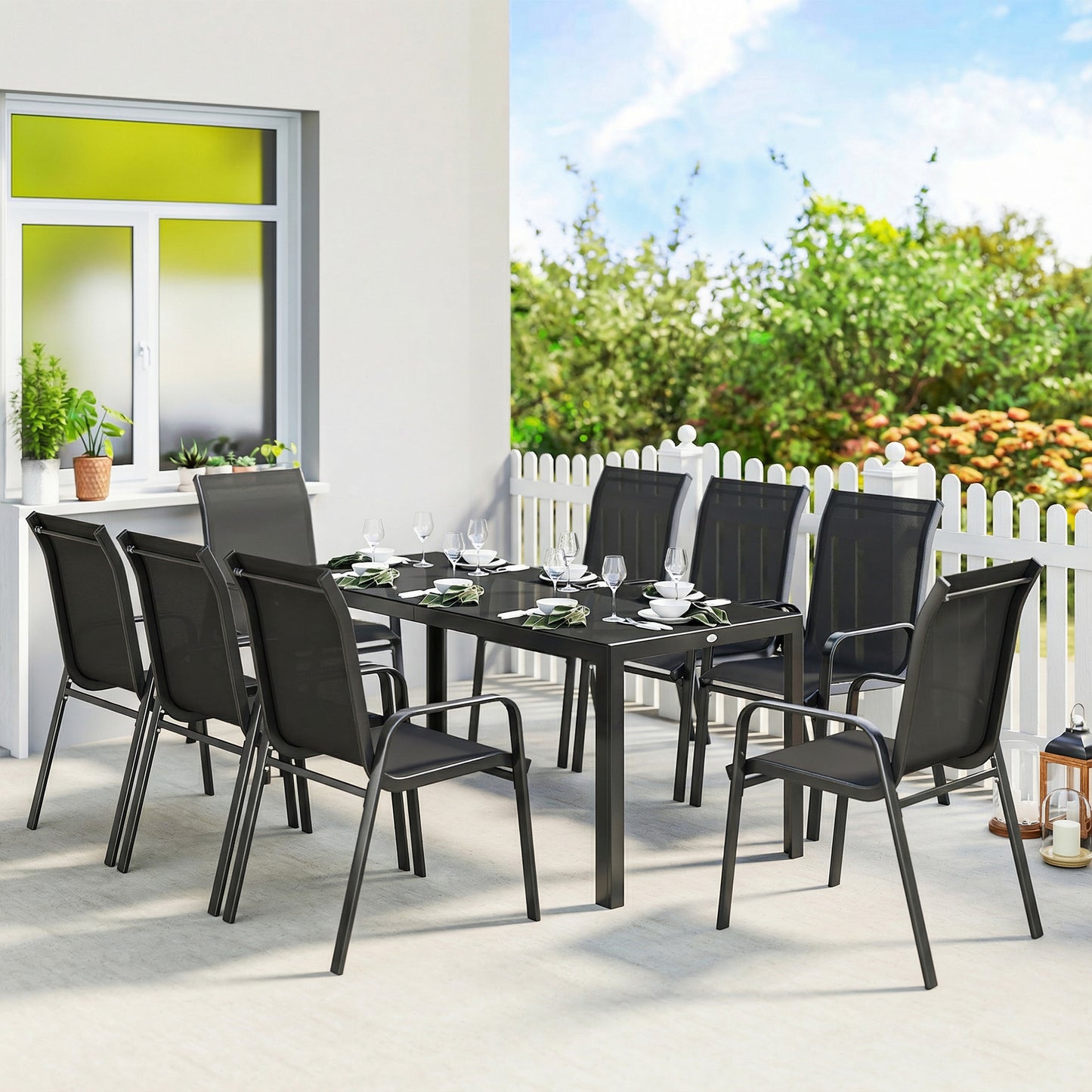 9 Pieces Patio Dining Set with Stackable Chairs, Black
