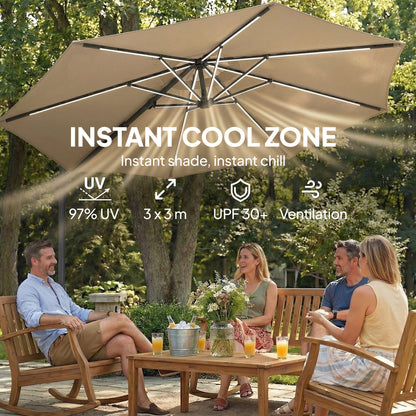 3 m Garden Cantilever Parasol with Solar Light, Rotation, Khaki
