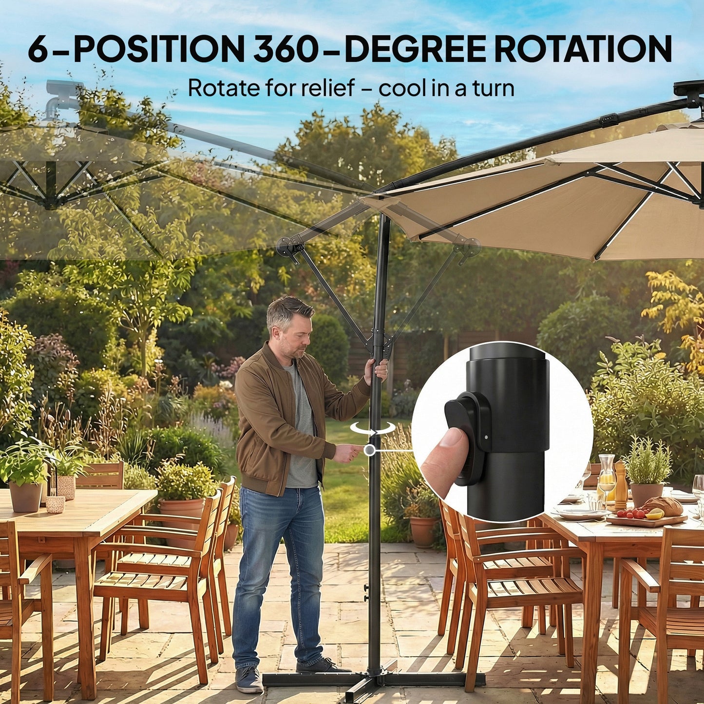 3 m Garden Cantilever Parasol with Solar Light, Rotation, Khaki