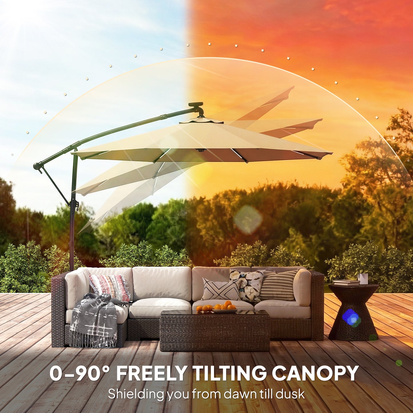3 m Garden Cantilever Parasol with Solar Light, Rotation, Khaki