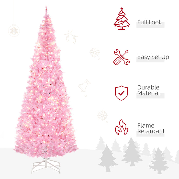 7' Tall Prelit Pencil Slim Artificial Christmas Tree with Realistic Branches, 350 Warm White LED Lights and 818 Tips, Xmas Decoration, Pink