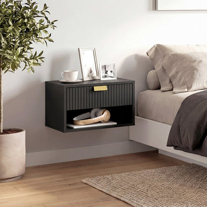 Floating Bedside Tables Set of 2 with Fluted Drawer Open Shelf Black