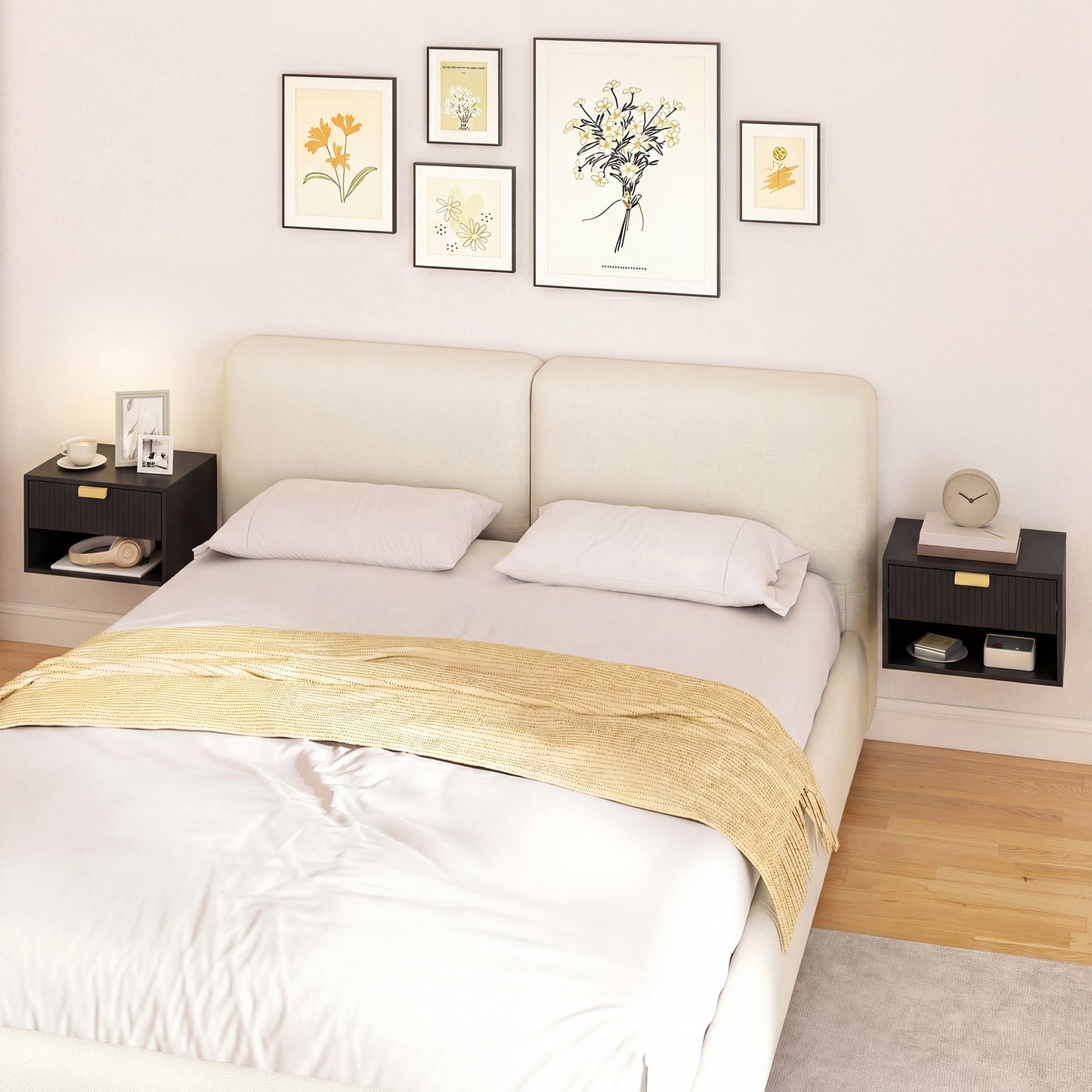 Floating Bedside Tables Set of 2 with Fluted Drawer Open Shelf Black