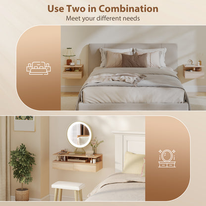 Modern Nightstand Set of 2, Wall Mounted Bedside Cabinet, Oak