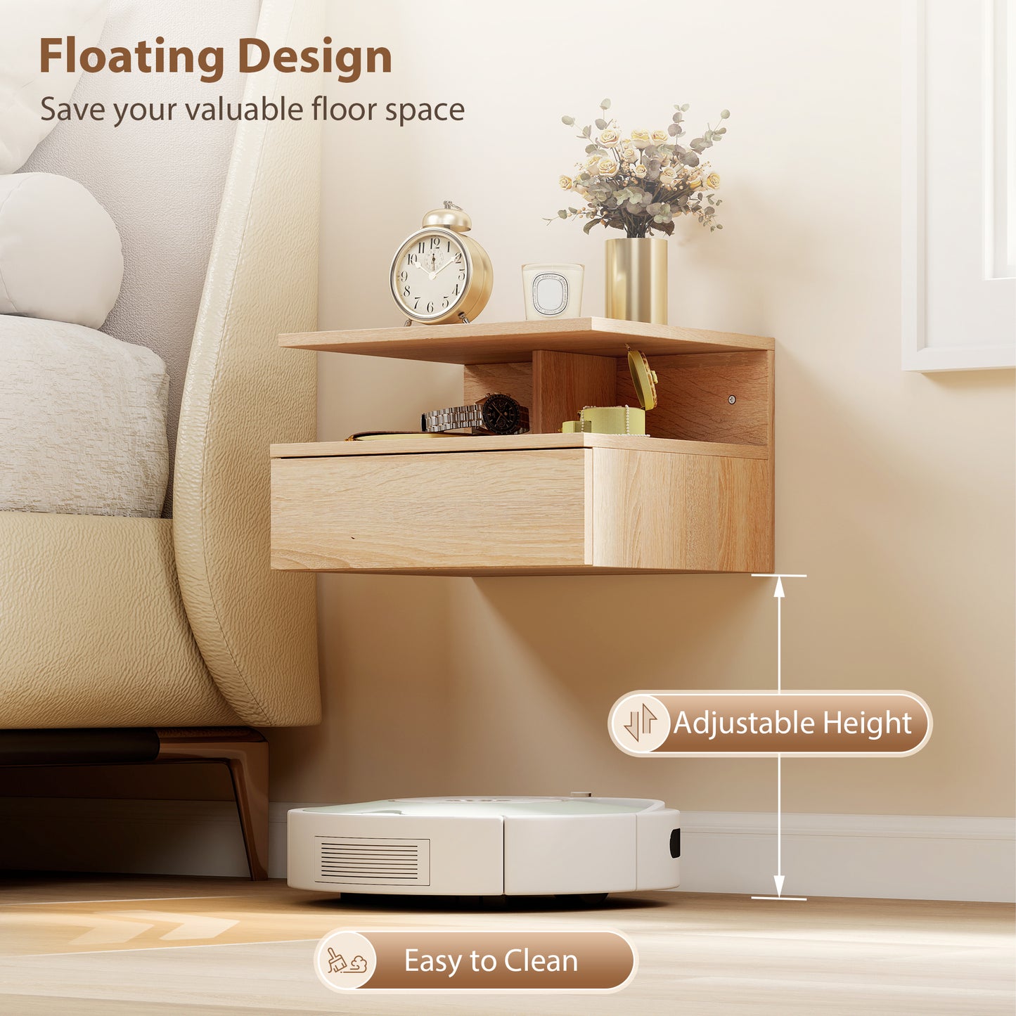 Modern Nightstand Set of 2, Wall Mounted Bedside Cabinet, Oak