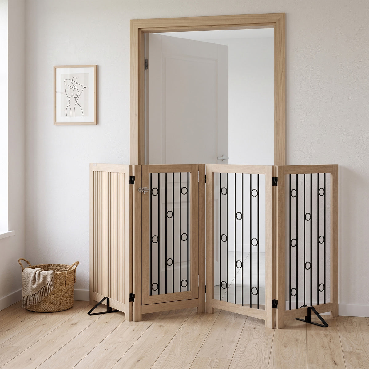 4 Panel Freestanding Pet Gate Foldable with Door for Stairs, Doorway
