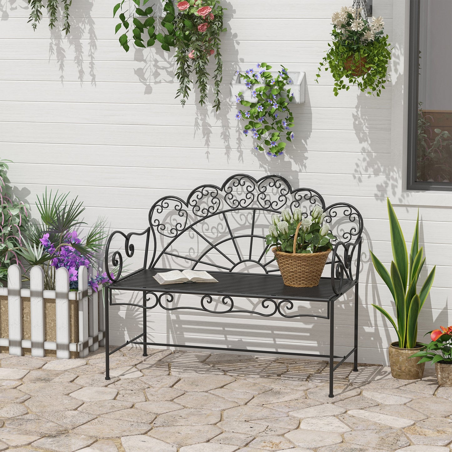 Garden Bench, Metal Outdoor Patio Garden Loveseat, Black